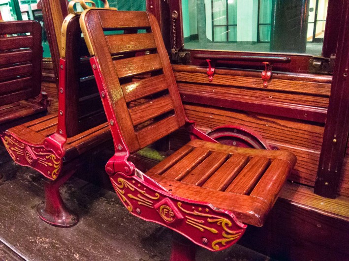 The beautiful wooden seats. The back rests move to either side so the seat can face forward or backwards.
