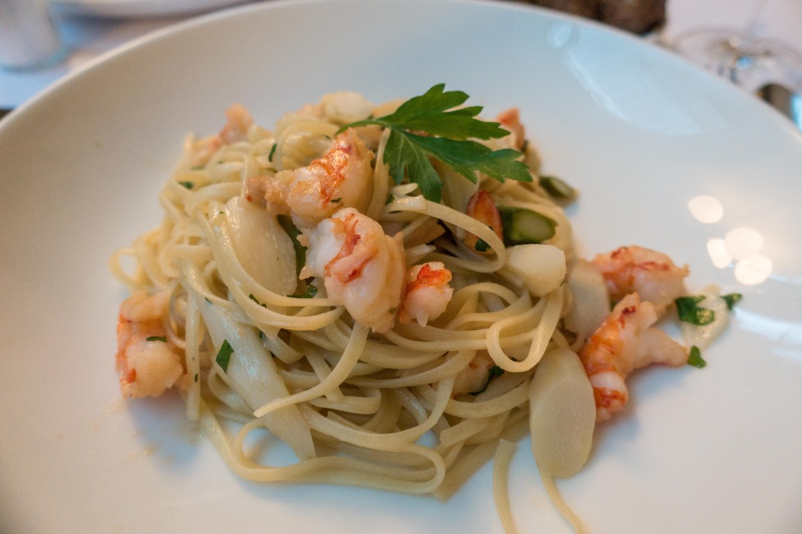 linguini and scampi with white and green asparagus